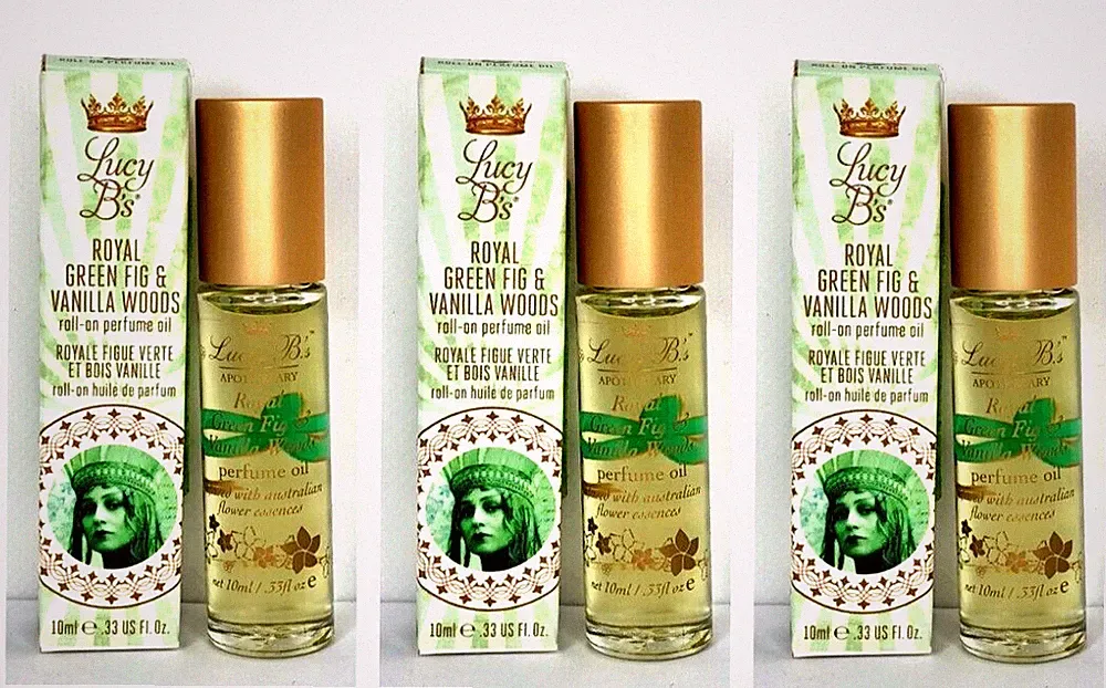 3 Lucy Bs ROYAL GREEN FIG & VANILLA WOODS Roll On Perfume Oil .33 oz Ea NIB(006)