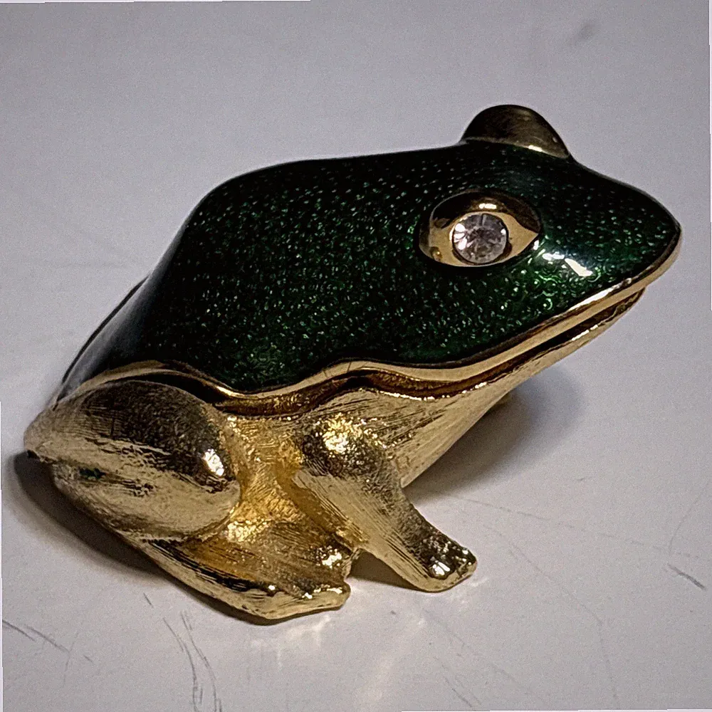 Estee Lauder Compact Frog Green Enamel Gold Solid Perfume 2" vtg "white linen"