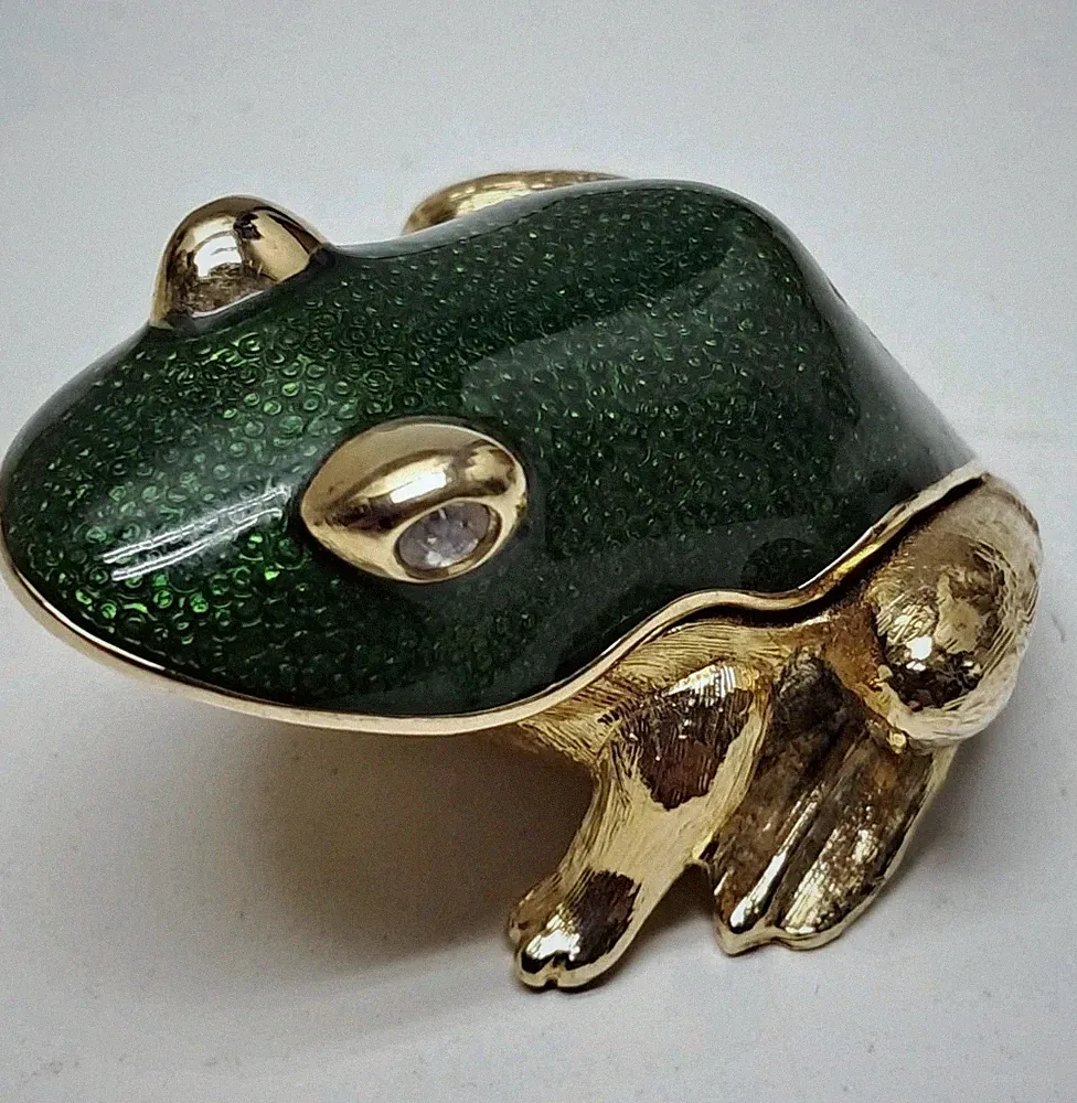 Vintage Estee Lauder Green Enamel Gold Frog Solid Perfume Compact