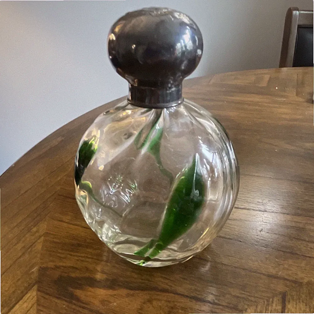 Vintage Glass Perfume Bottle Green Leaf Design Embossed Silver Tone Stopper