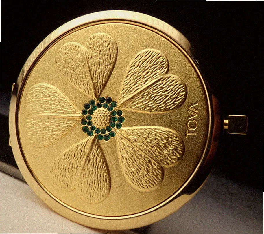 VTG TOVA SOLID PARFUM PERFUME GOLD TONE GREEN CRYSTAL RHINESTONE FLOWER COMPACT